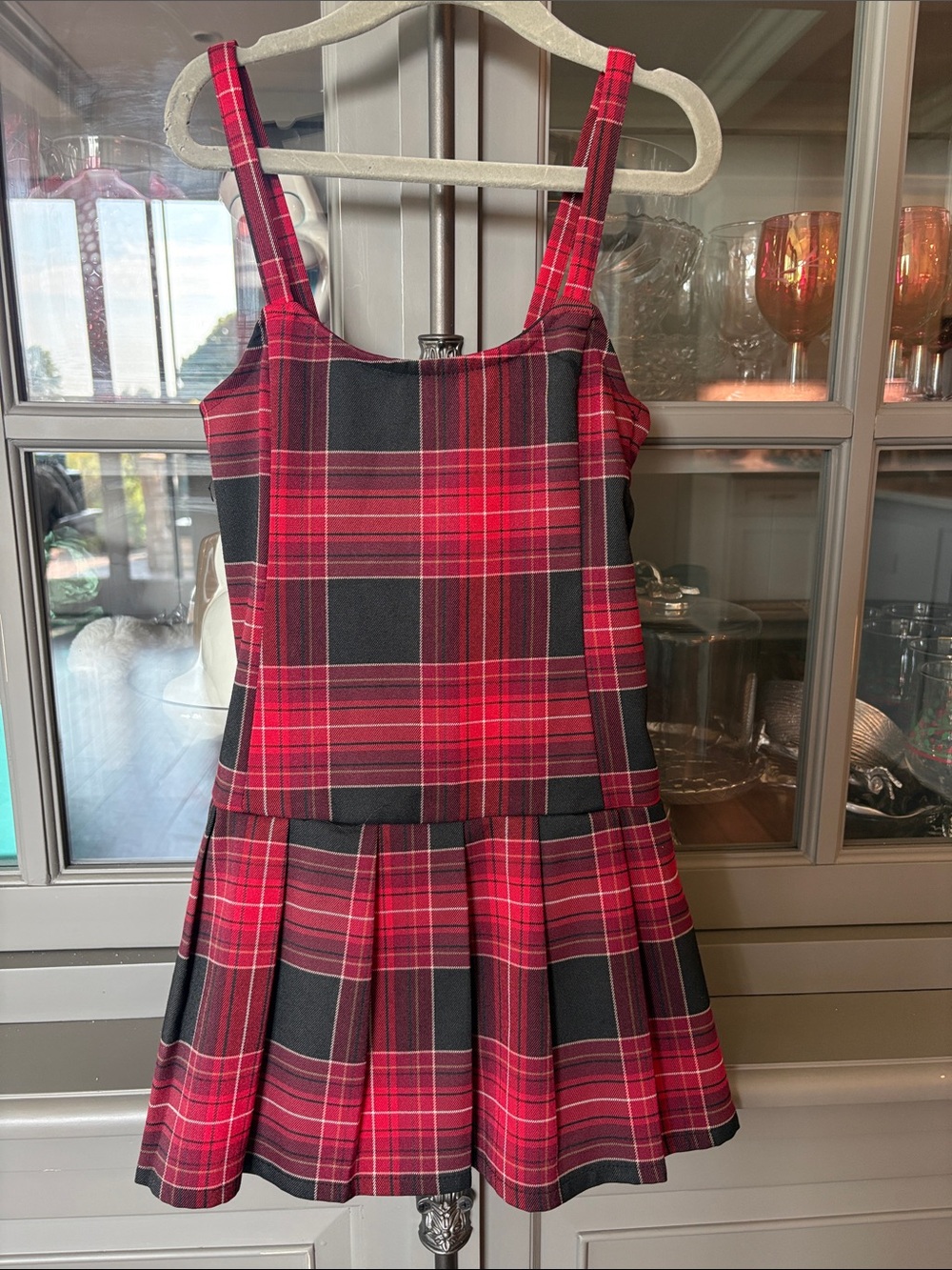 H&M Girls Red Black Plaid Pinafore Dress Size 8 Pleated Holiday Christmas